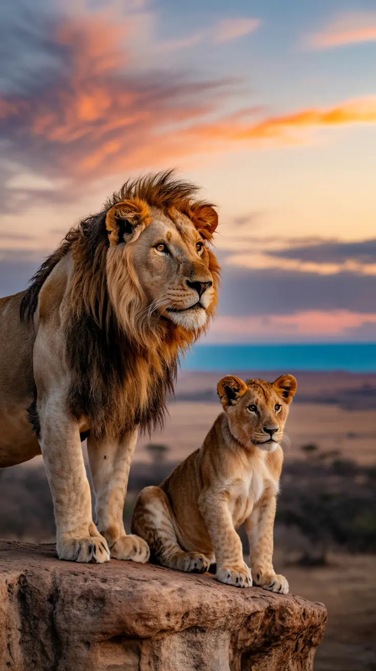 image featuring a majestic adult lion with a full, flowing mane and a young lion cub standing side by side on the edge of a rugged cliff. The scene is set during a stunning sunset, with warm golden and orange hues illuminating the sky, scattered with soft clouds.