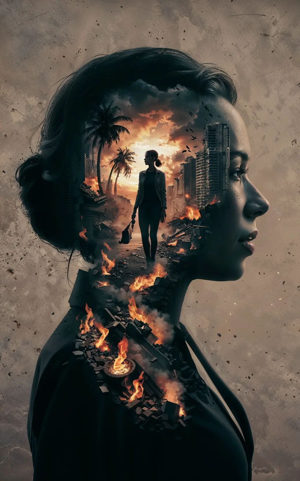 Surreal digital artwork of a woman’s profile blending with a burning cityscape, symbolizing resilience and inner strength amid chaos