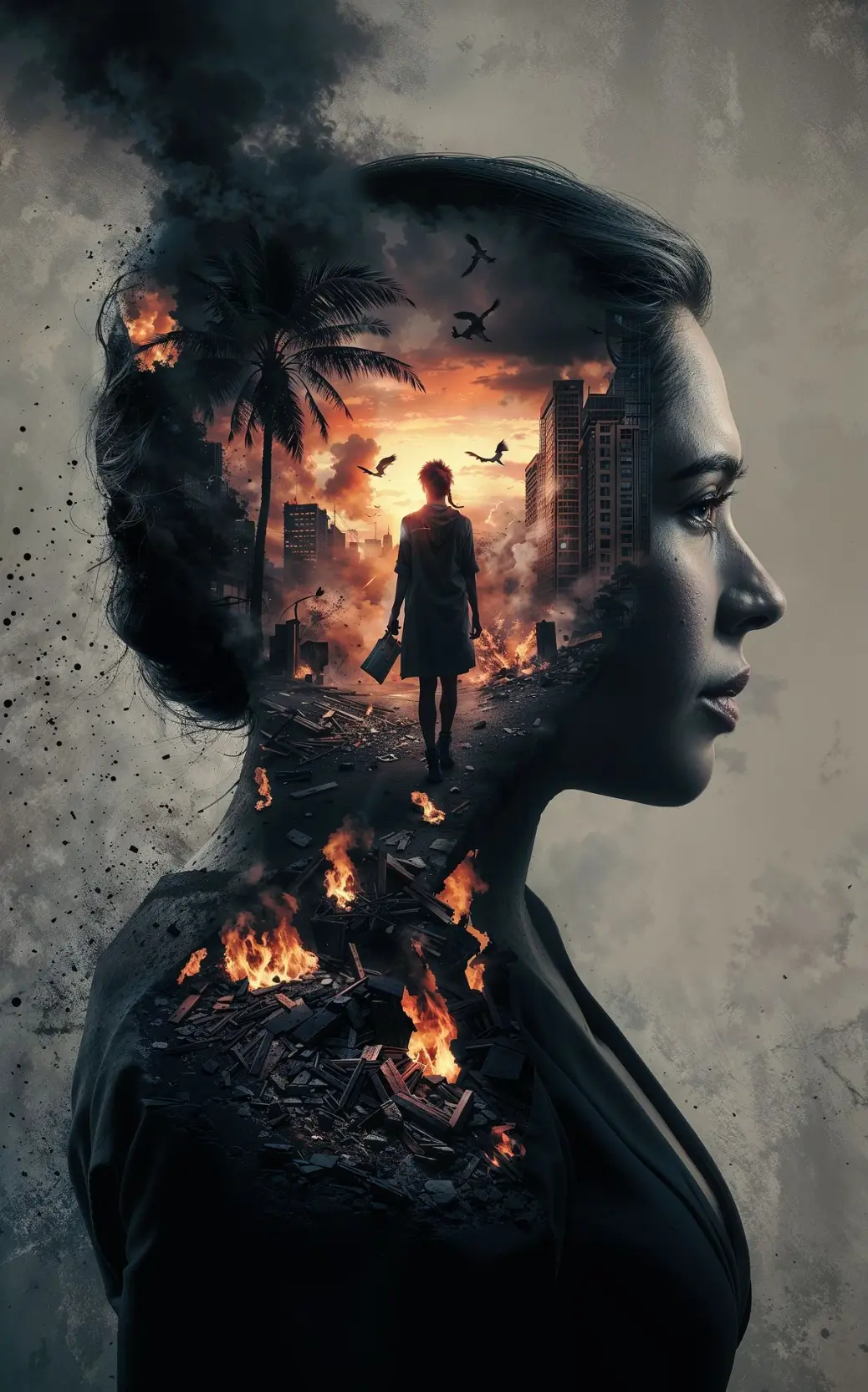 Cinematic surreal art showing a woman’s silhouette filled with fire, smoke, and urban ruins, evoking themes of turmoil, grace, and endurance.&#34;  