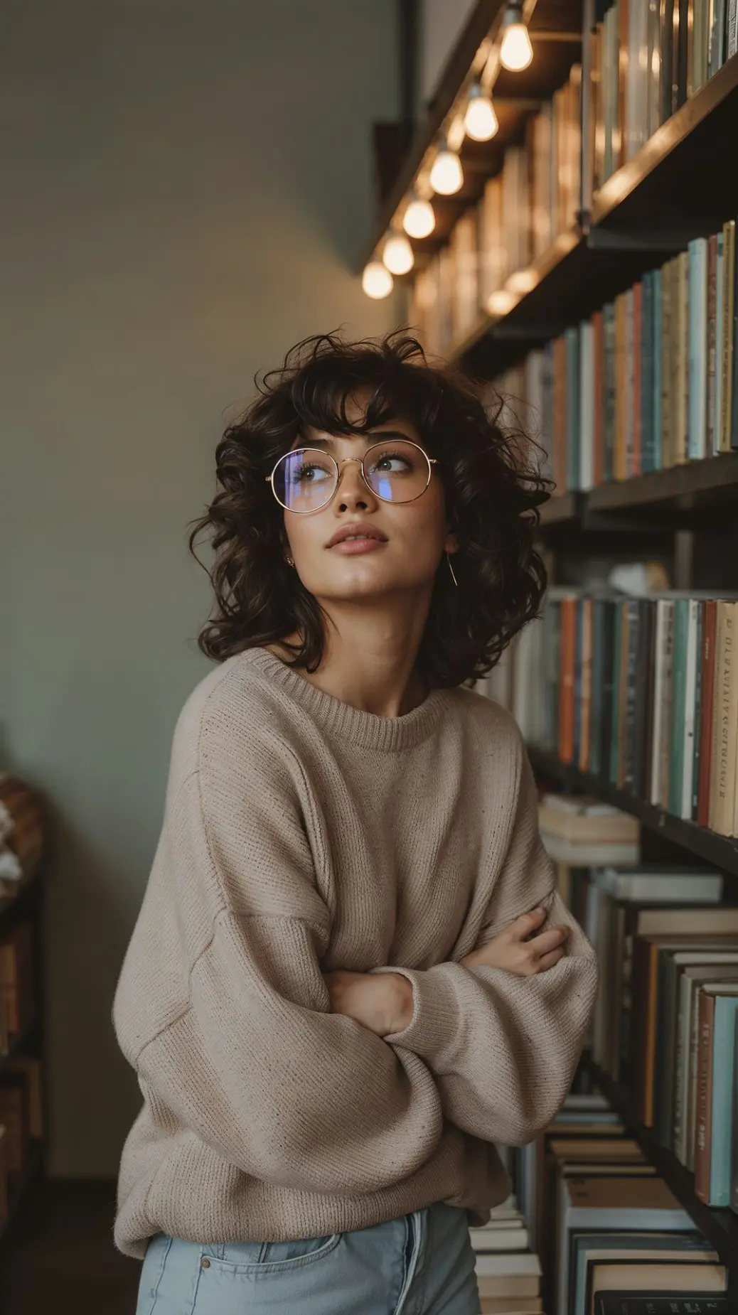 “Minimalist fashion look with beige ribbed knit sweater, round eyeglasses, and light blue jeans in a cozy, modern style”    minimalist fashion, beige knit sweater, modern style  