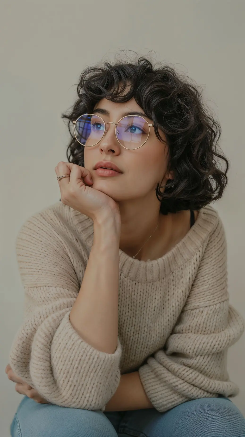 Cozy fall outfit featuring oversized beige sweater and denim, styled with round glasses for effortless everyday fashion”       cozy fall outfit, oversized sweater, everyday fashion  