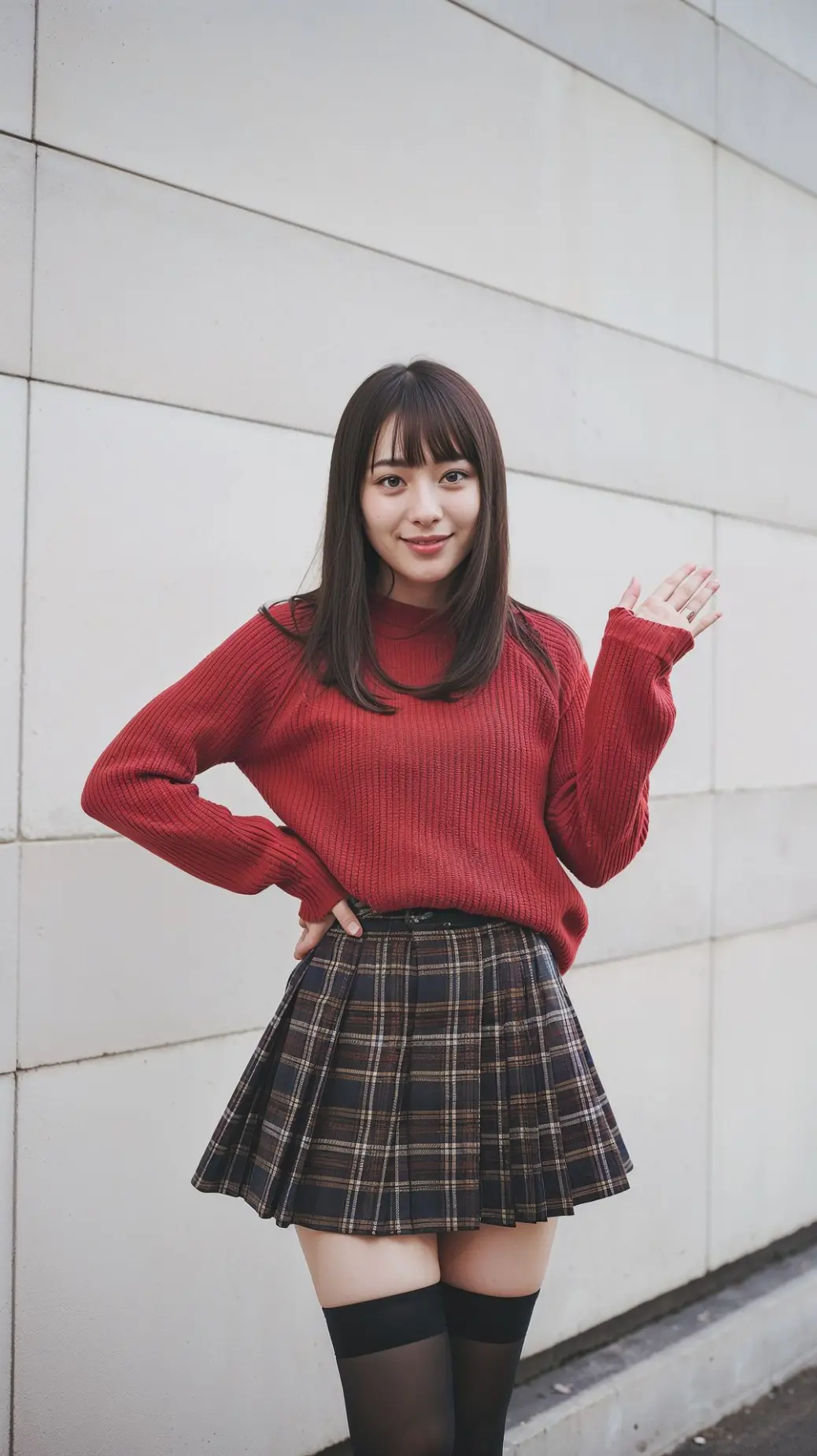 &#34;Woman wearing a red ribbed sweater with a pleated plaid skirt and black thigh-high stockings, smiling and waving in front of a tiled wall.&#34;     red ribbed sweater, plaid skirt outfit, thigh-high stockings fashion.  