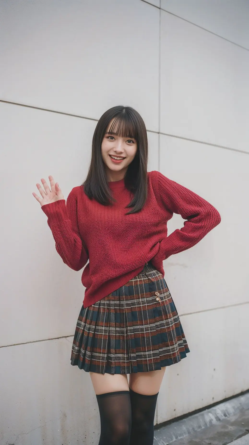 &#34;Chic fall fashion look featuring a textured red sweater paired with a brown plaid pleated skirt and thigh-high stockings, styled with sleek straight hair.&#34;       fall fashion look, plaid skirt styling, red sweater outfit inspiration.  