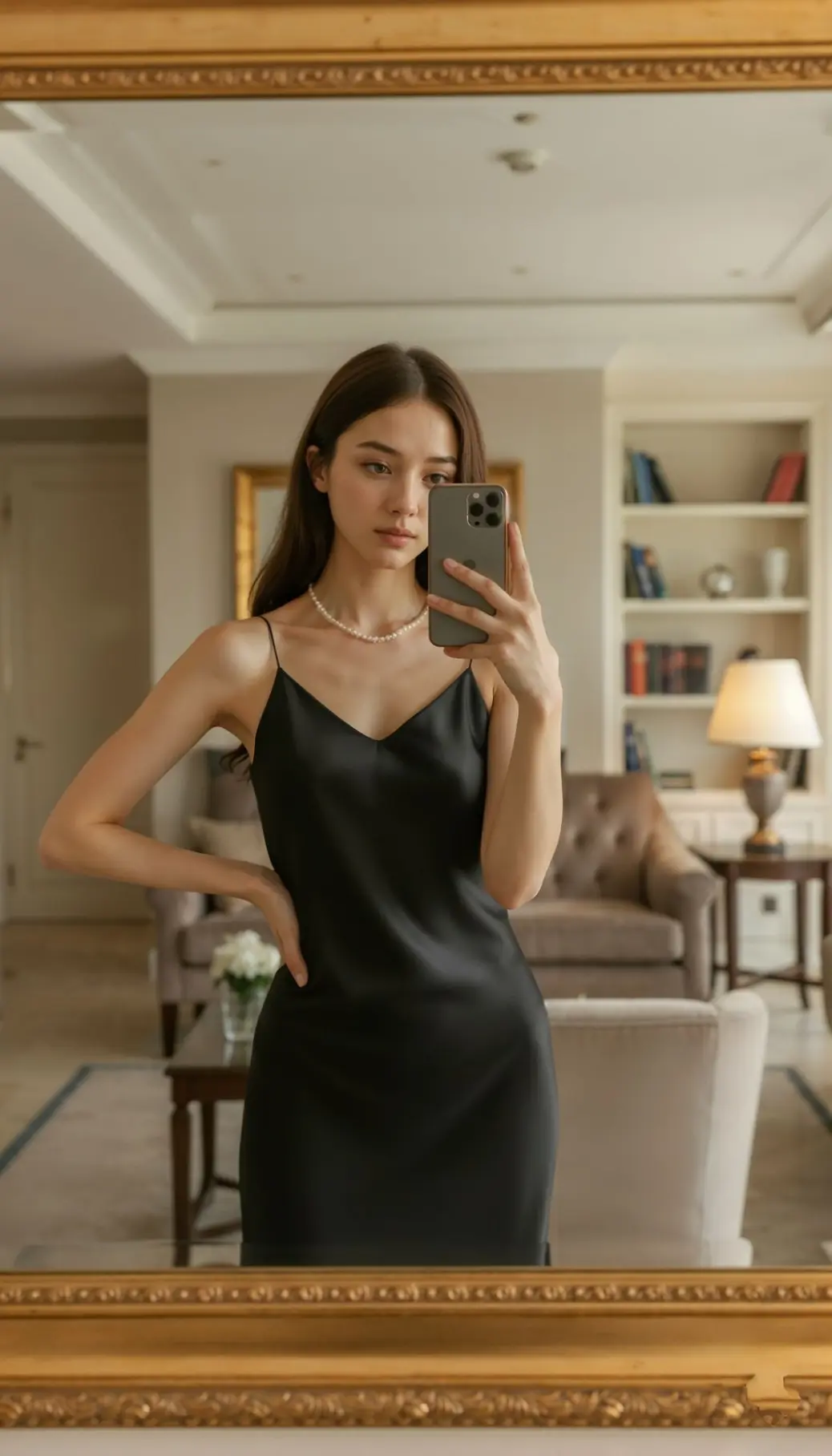 “Luxury fashion editorial of satin evening gown in grand hotel interior with ornate railings”  