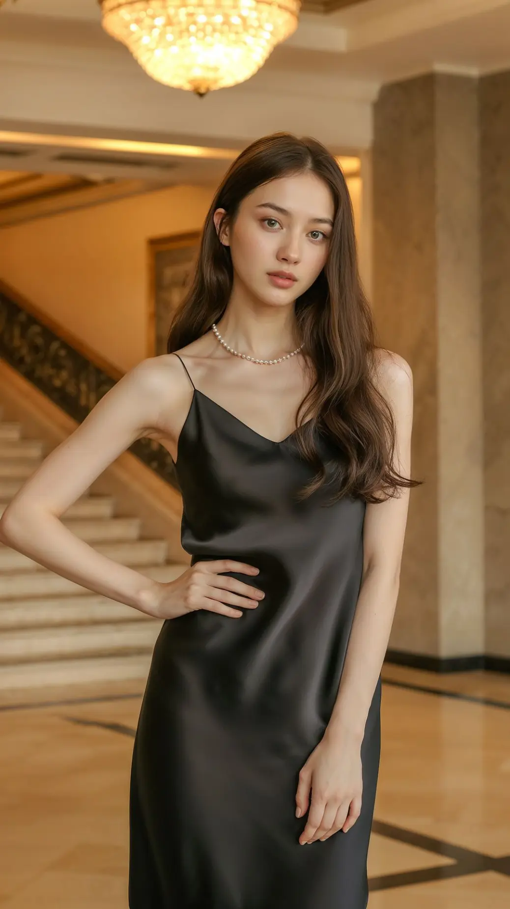 “Timeless black satin dress styled with pearls for upscale formal event photography”  