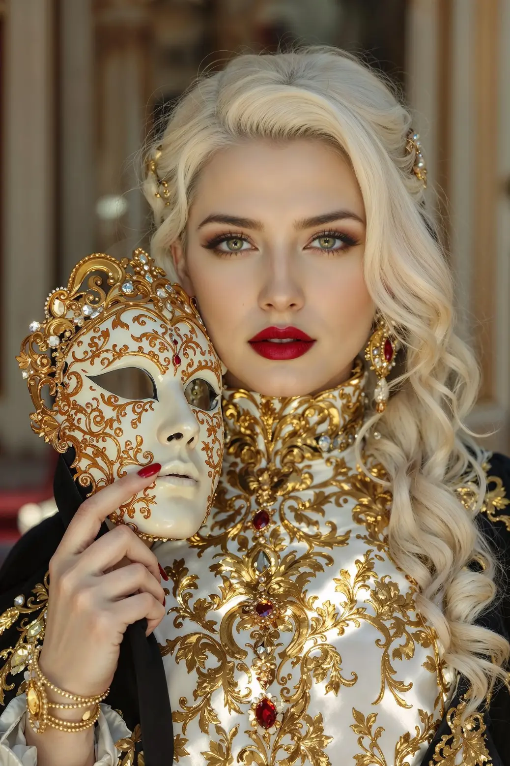 &#34;Woman in Baroque masquerade costume with gold embroidery and ornate mask in a palace setting&#34;  