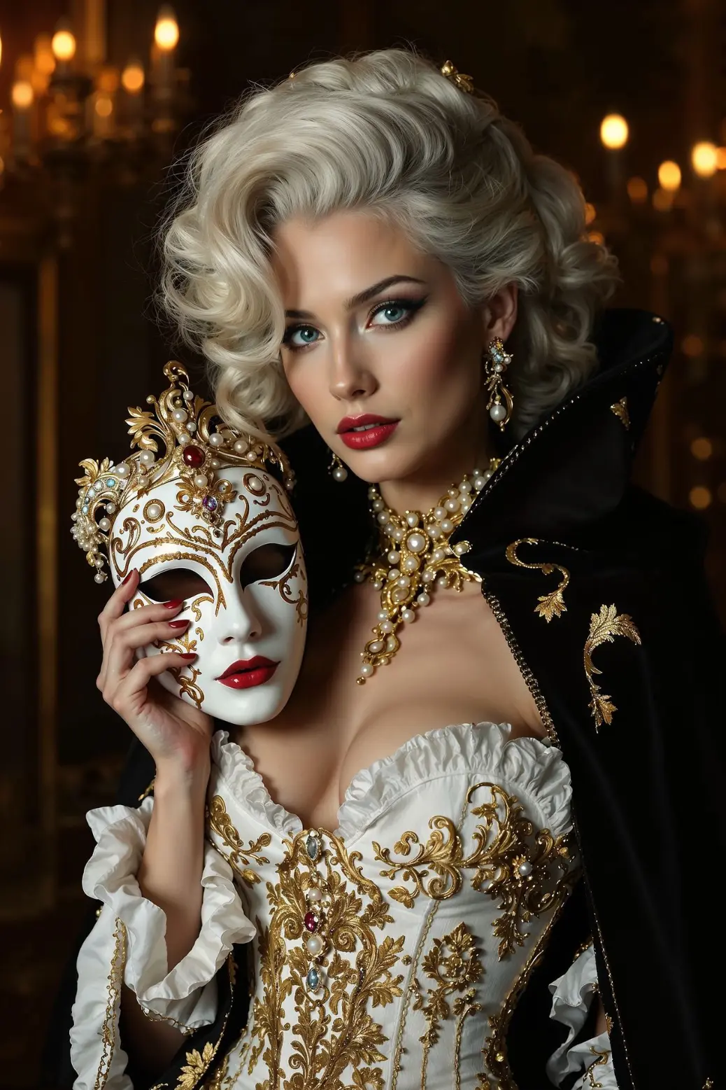 &#34;Rococo-inspired gown with jewels, powdered wig, and masquerade mask at a candlelit ball&#34;  