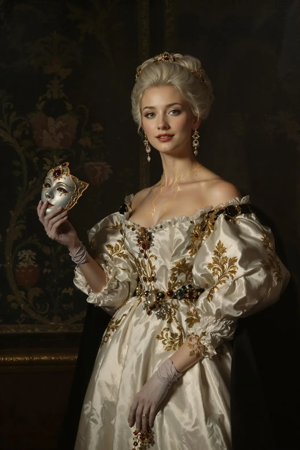 &#34;Luxurious black and gold cloak with ornate mask and chandelier-lit masquerade hall&#34; 