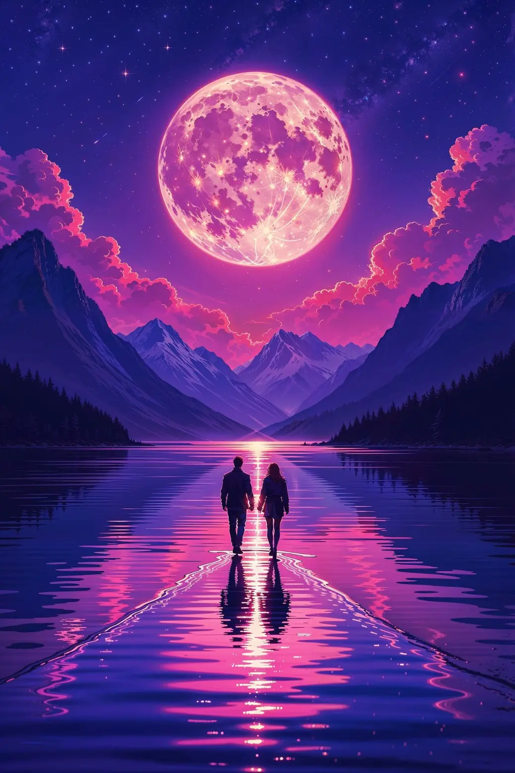 Silhouetted couple walking hand in hand along a moonlit lake, framed by snow-capped mountains and glowing purple skies, symbolizing eternal love.  