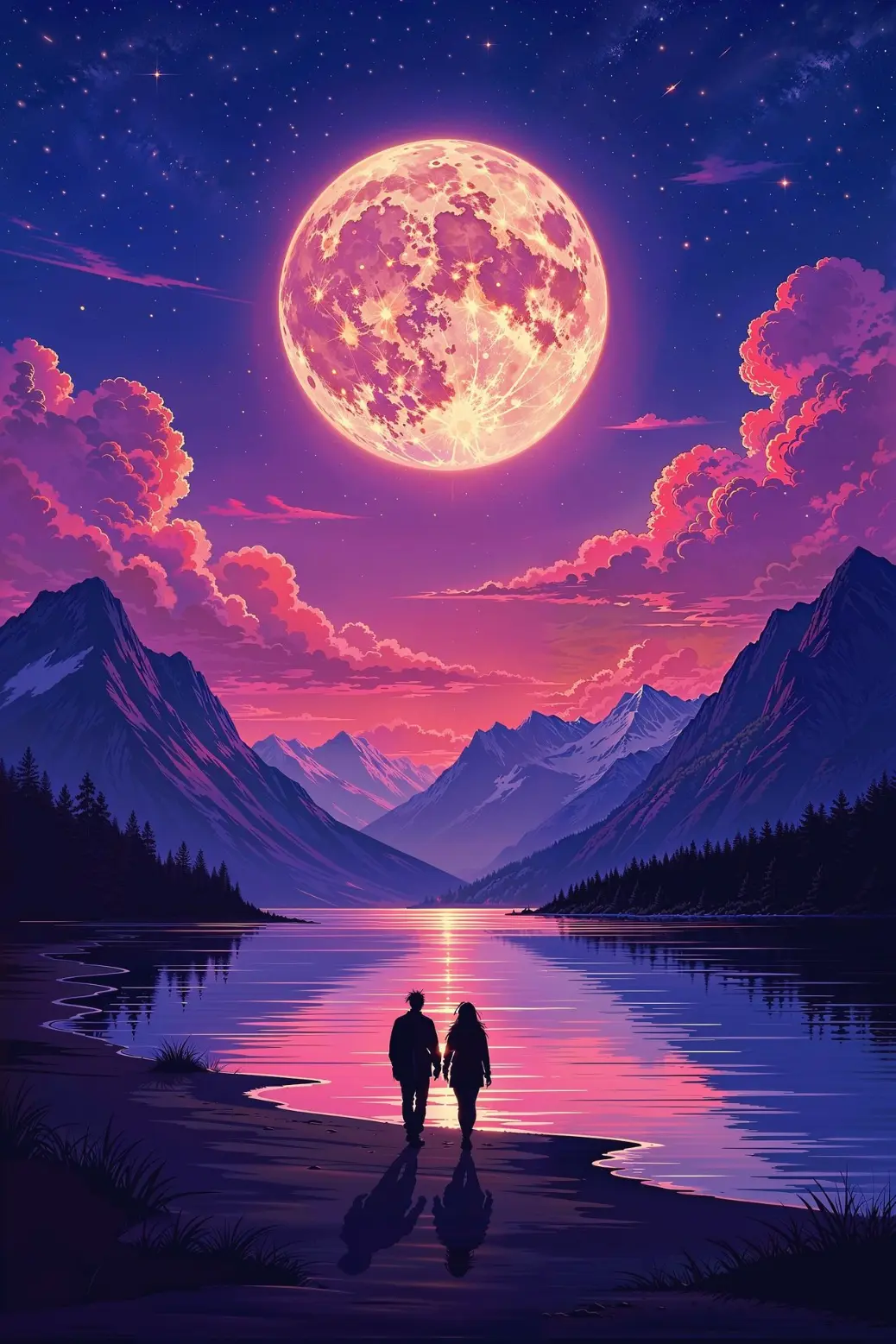 Dreamlike night scene of two lovers journeying across reflective water toward a massive glowing full moon, surrounded by pine forests and starlit skies.  