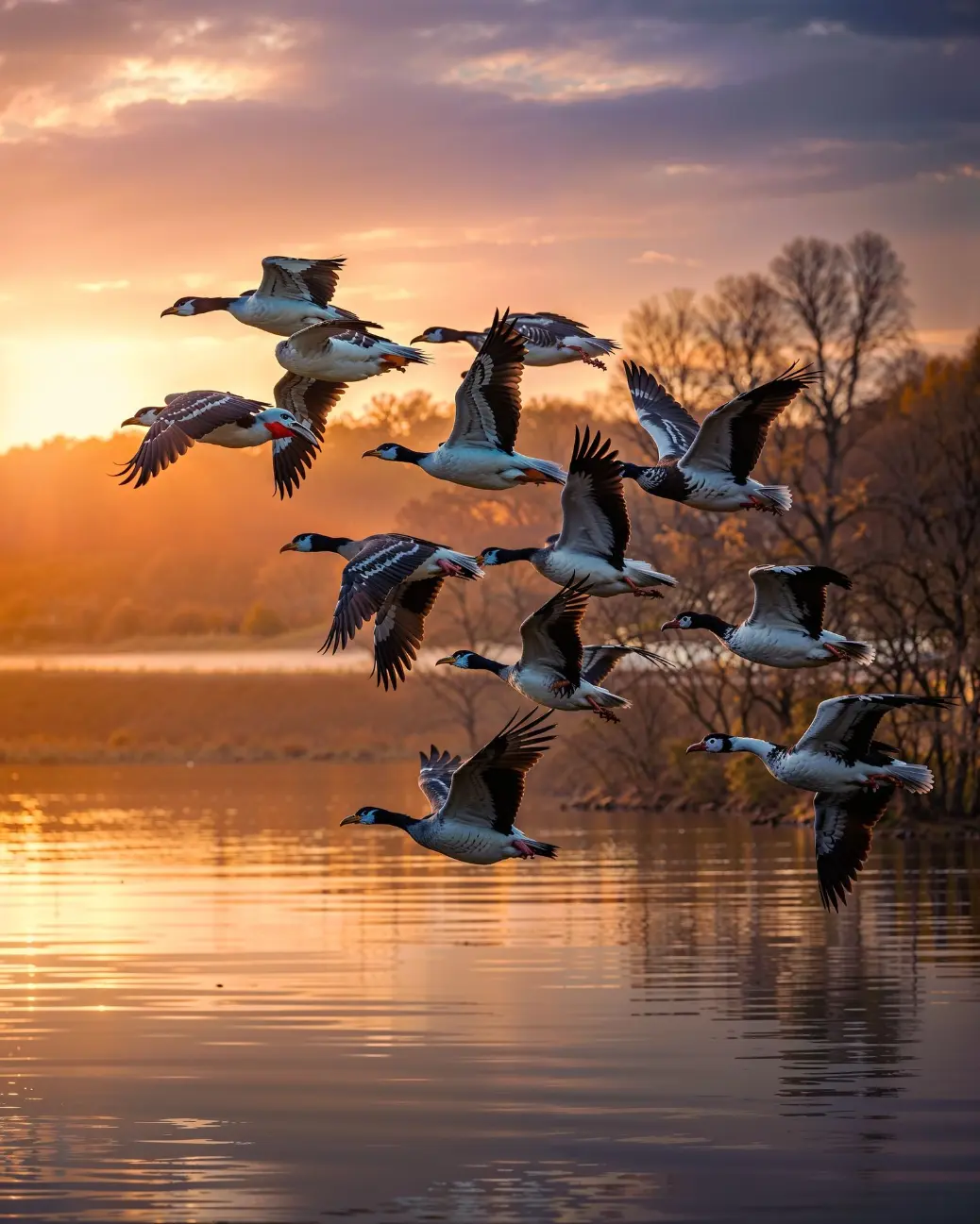 Geese flying in formation over a calm lake at sunset, symbolizing resilience, transformation, and the beauty of shared journeys.”