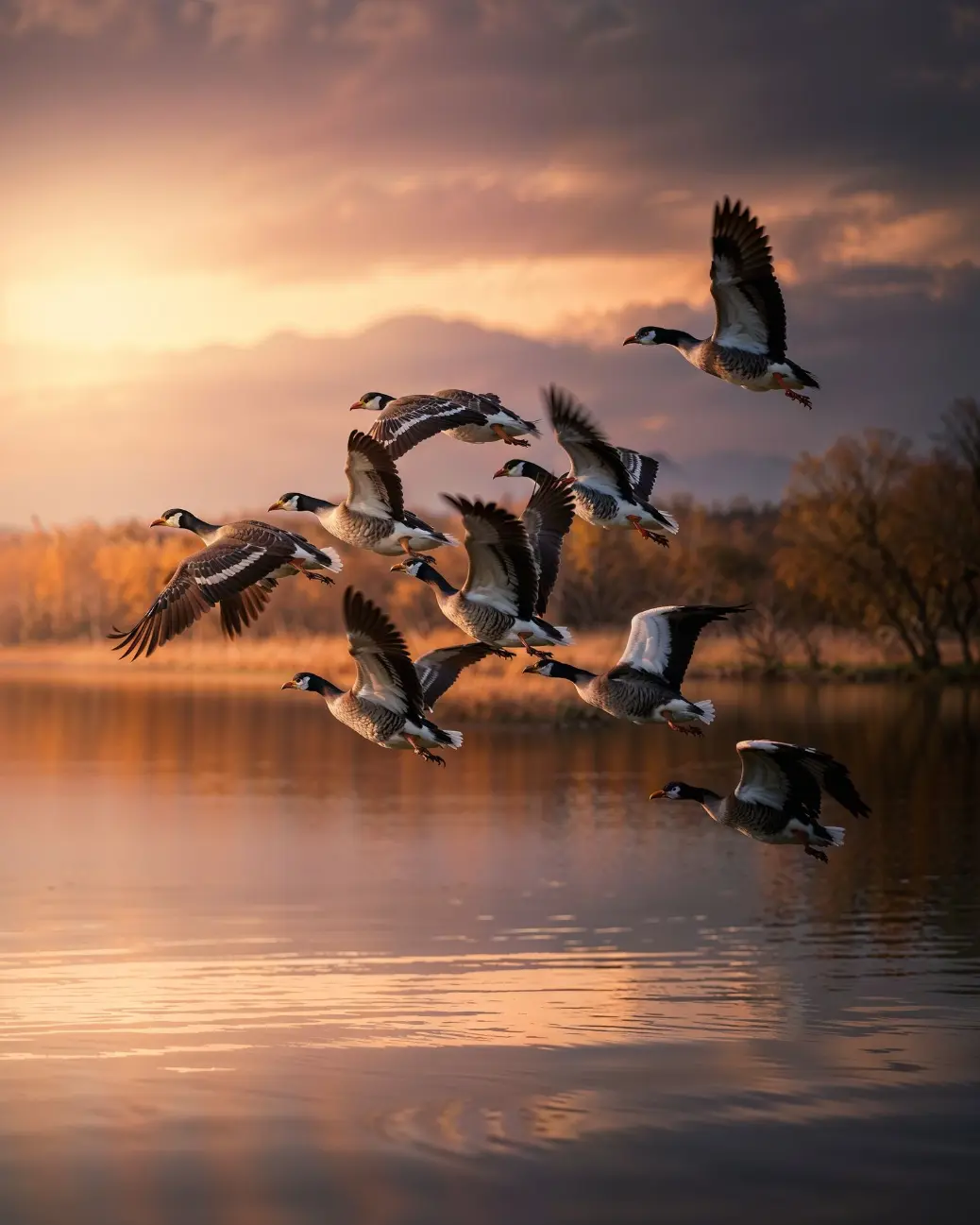 Wild geese soaring over still waters during sunset, a symbolic scene of freedom, endurance, and life’s ongoing journey.”
