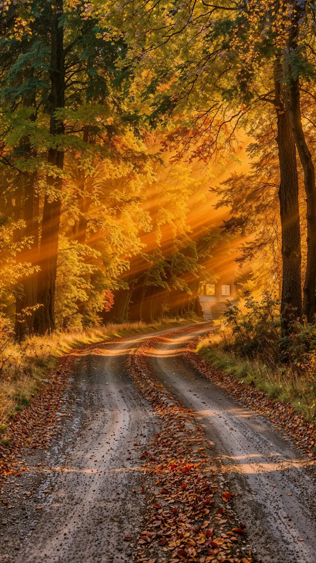 A serene autumn forest path bathed in golden sunlight, with vibrant orange and yellow leaves lining the dirt road and rays filtering through tall trees.