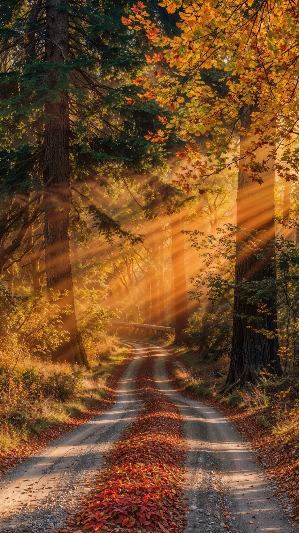 A peaceful woodland trail in fall, illuminated by warm sunlight streaming through the canopy, surrounded by colorful foliage and a rustic road covered with leaves.