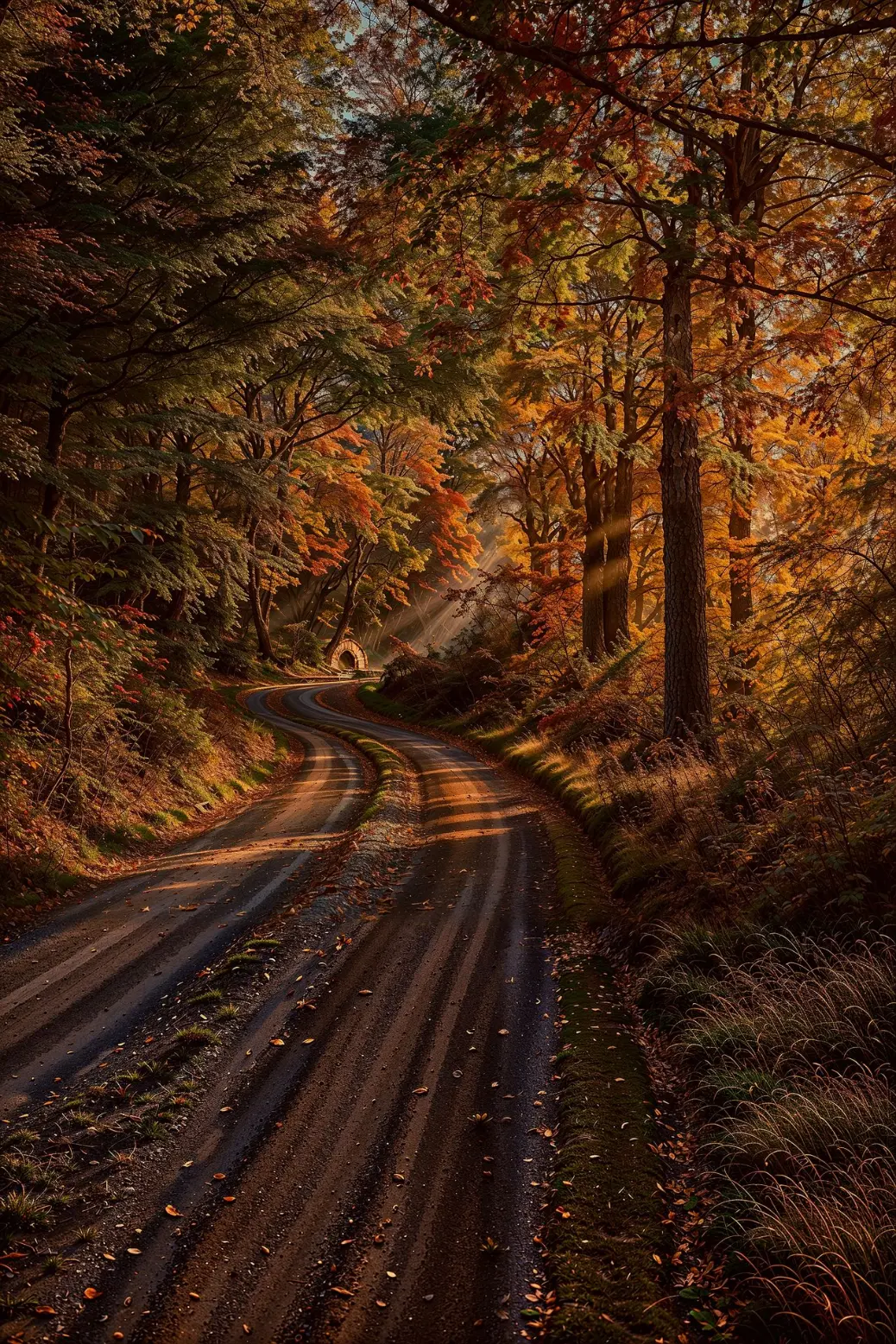 &#34;A picturesque dirt road curving through a colorful autumn woodland, with sunlight streaming through the canopy.&#34;