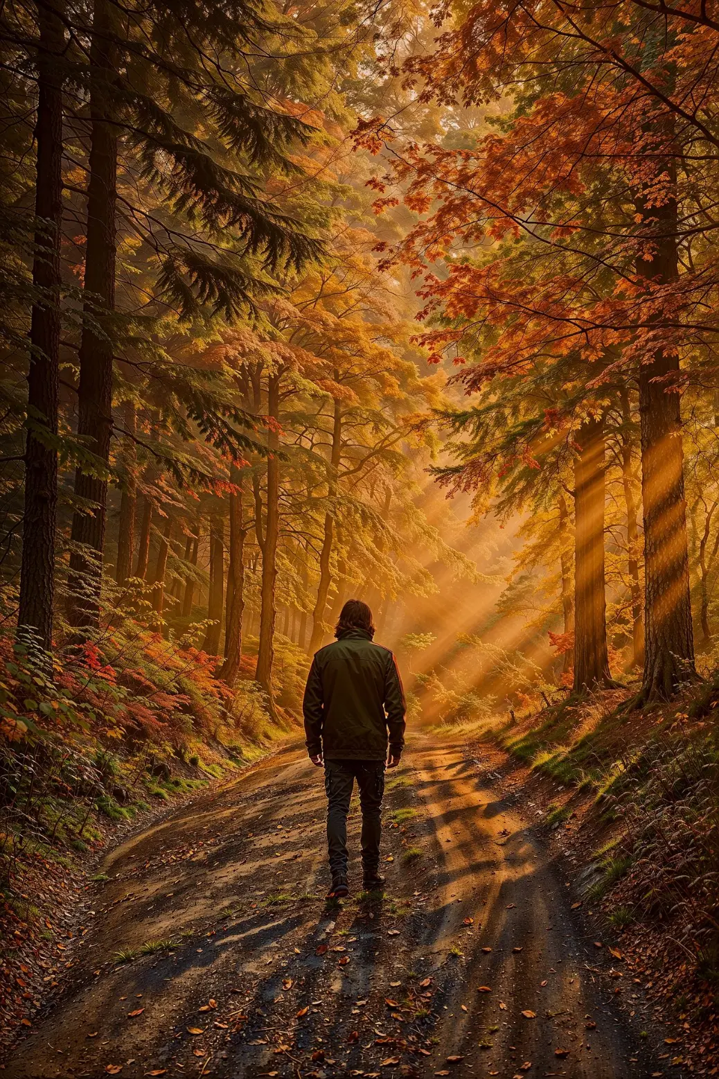 &#34;A lone figure walking down a vibrant autumn forest path, surrounded by golden and orange trees with sunlight streaming through.&#34;