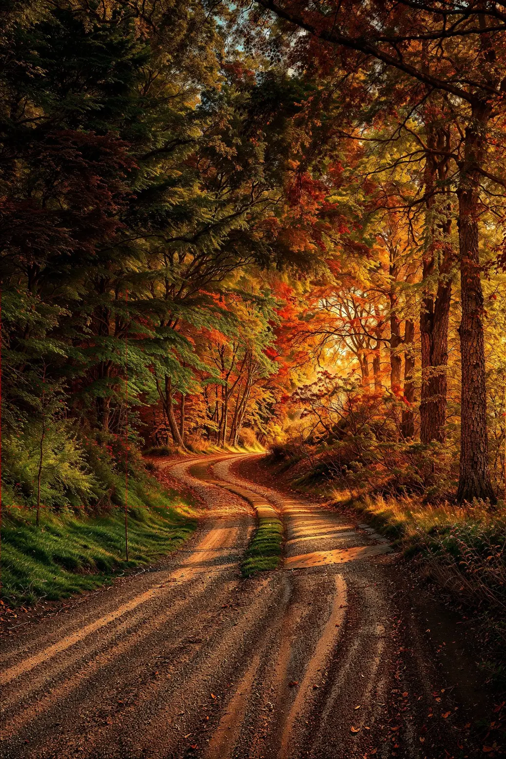 &#34;A winding autumn forest path surrounded by vibrant orange and red trees, illuminated by soft sunlight.&#34;