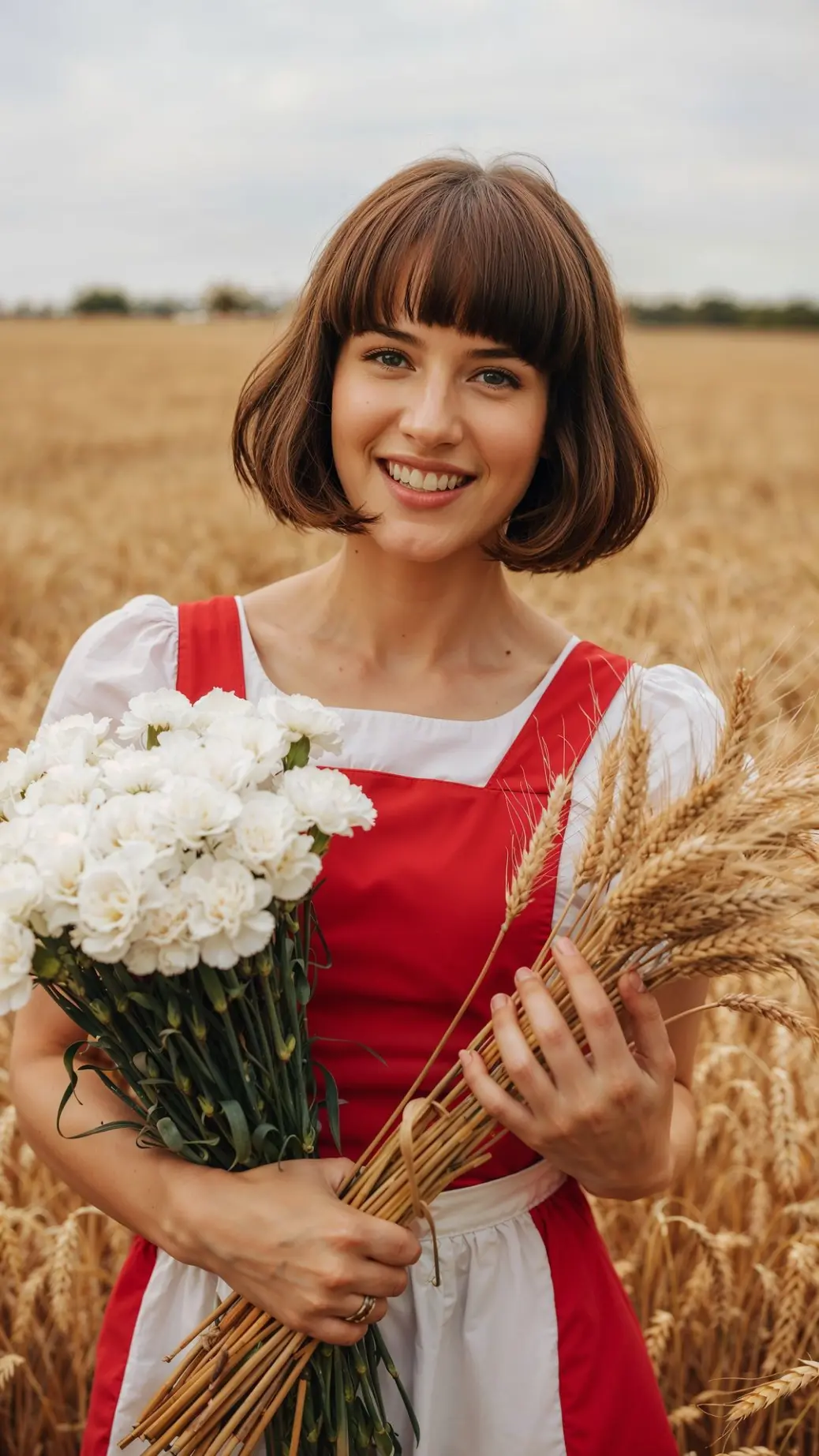 A cinematic short story of a girl in a golden wheat field, holding flowers and harvest stalks. A tale of abundance, memory, and the eternal bond between humans and nature.  