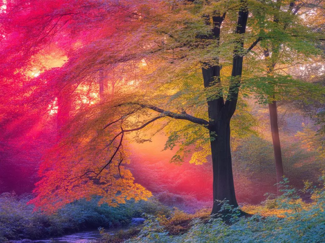 A colorful woodland scene with radiant red and purple foliage, bathed in soft morning light.&#34;
