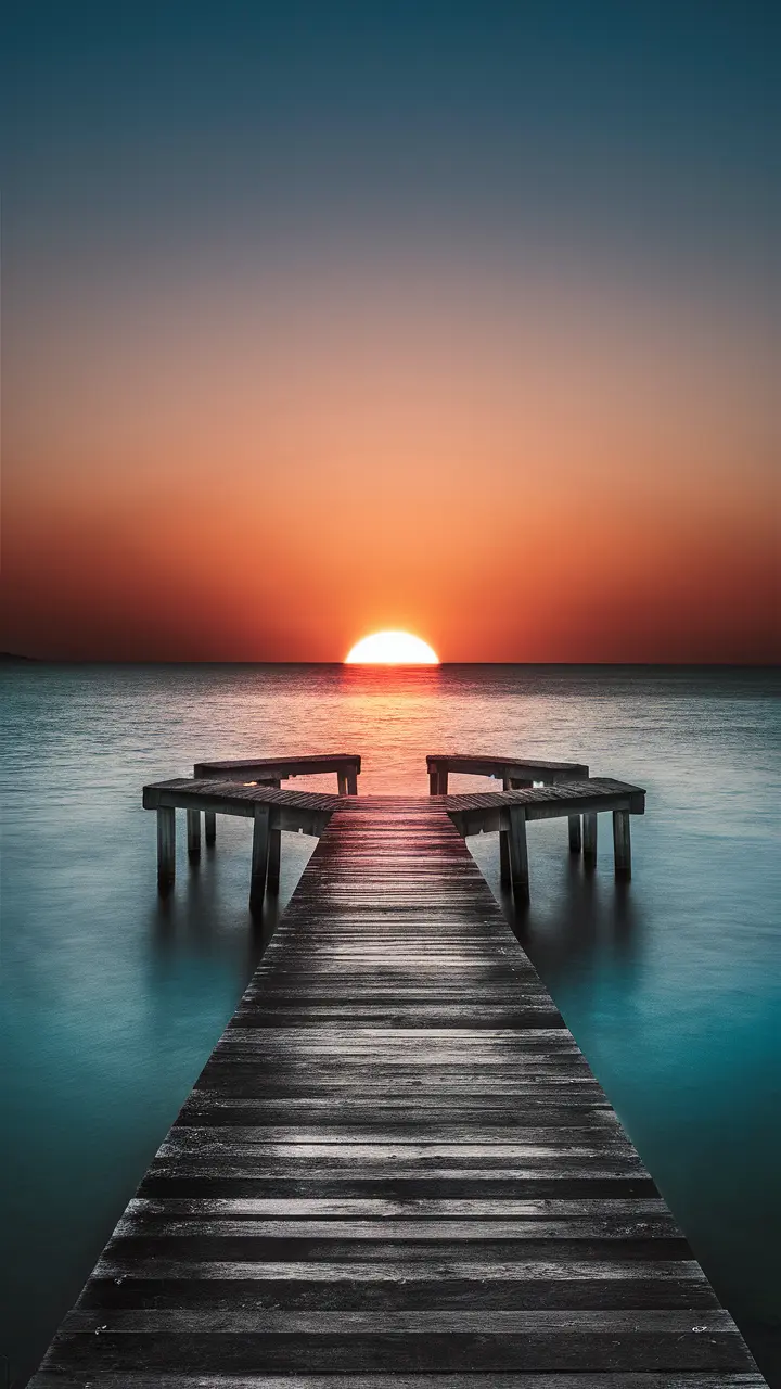 A wooden pier extending over calm water at sunset, with vibrant orange and blue skies reflecting on the surface.&#34;