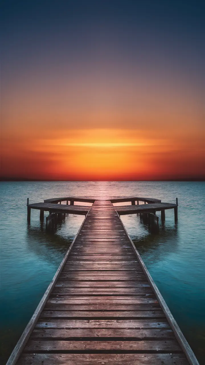 &#34;A serene pier stretching into a tranquil lake, framed by a stunning sunset with warm orange and cool blue hues.&#34;