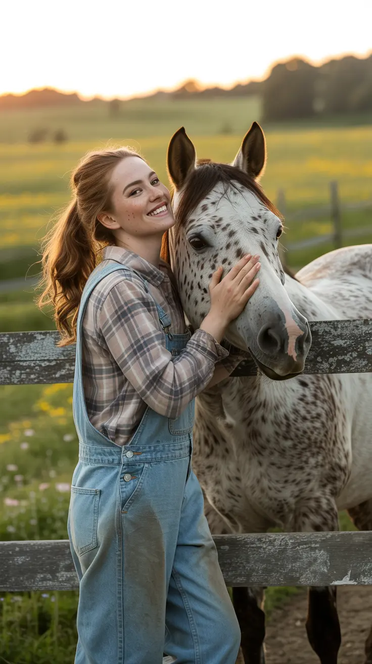Smiling young woman in denim overalls gently touching a speckled white horse’s face at sunset in a peaceful countryside field.&#34;  Second Image Alt Text: &#34;Happy woman in plaid shirt and denim overalls hugging a spotted horse near a wooden fence during go