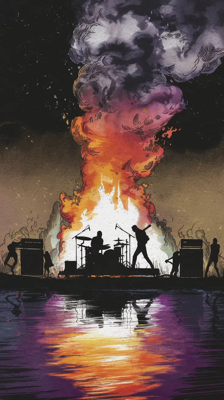 Rock band silhouetted against massive bonfire with fiery orange and purple smoke in a forest clearing  