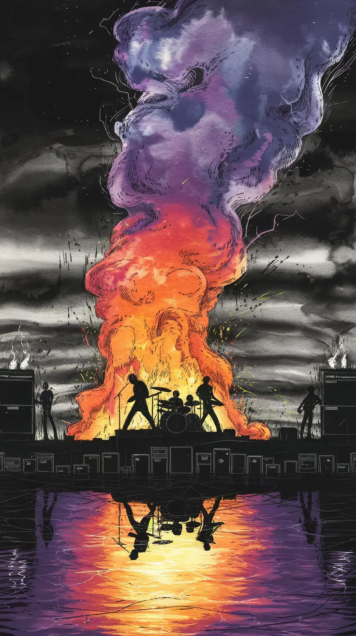 Dramatic concert scene with musicians performing as flames rise into the night sky, reflected in water  