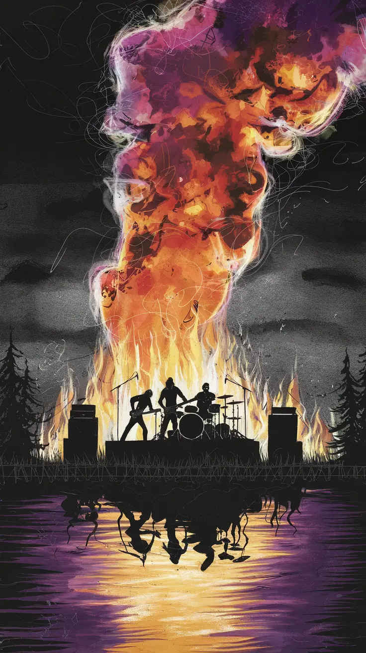 Cinematic forest concert where music and fire merge, creating mythic atmosphere of chaos and beauty  