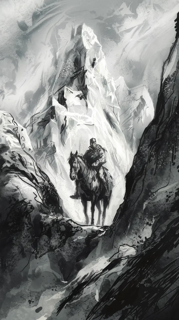 Lone cowboy riding through a frozen mountain pass under towering snow‑covered peaks  