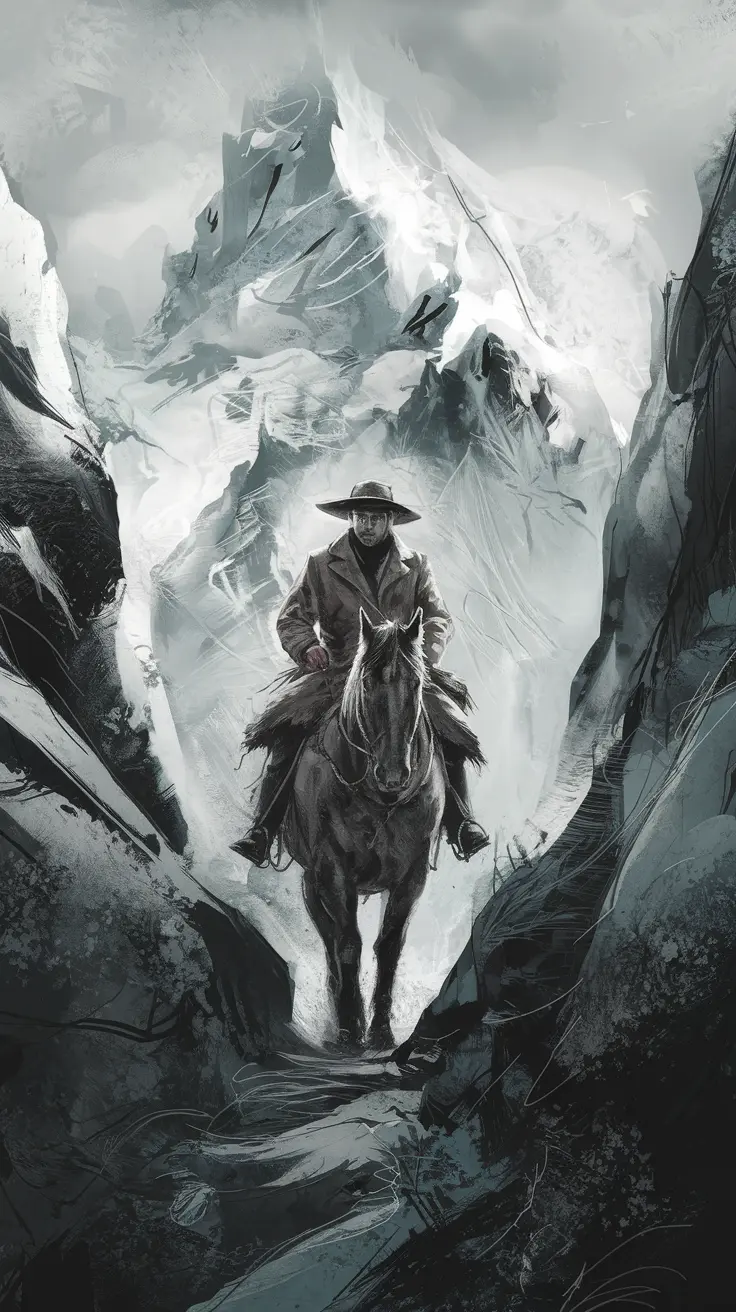 Atmospheric black‑and‑white illustration of cowboy crossing icy wilderness  