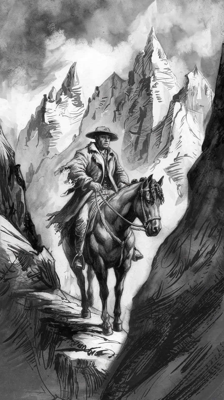 Dark horse and rider navigating rugged cliffs in a cinematic western landscape