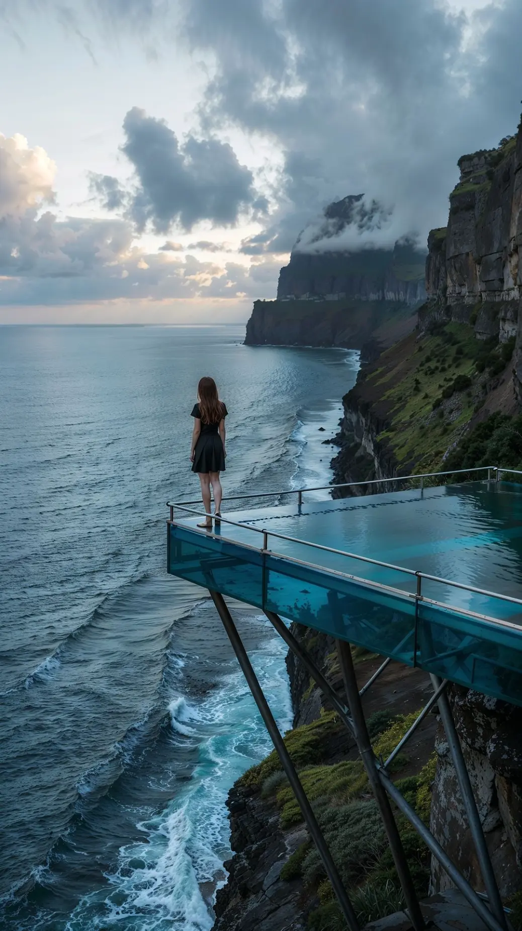 Woman standing at the edge of an infinity pool blending into the ocean horizon at sunset  