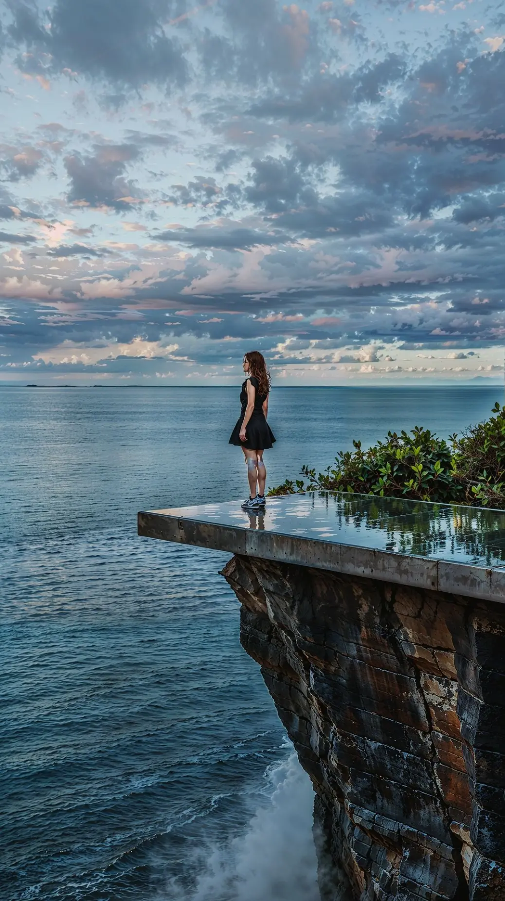 Dramatic clouds and golden light reflecting on still water with ocean waves in the distance  
