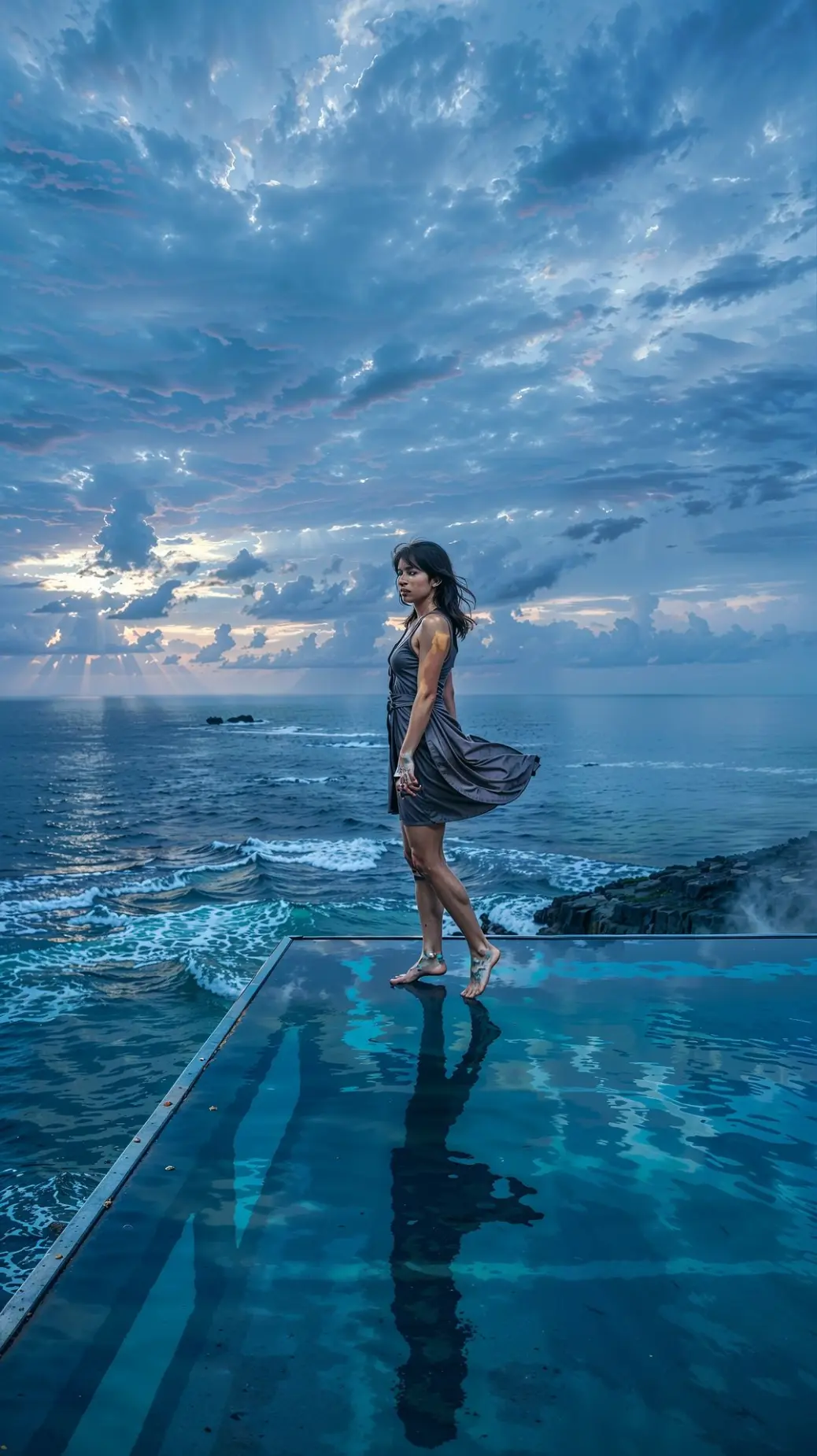 Cinematic ocean view with infinity pool reflection symbolizing courage and self-discovery  