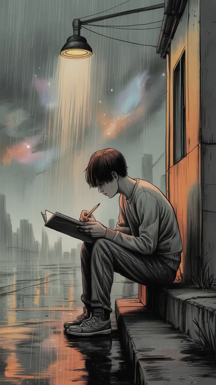 &#34;Person sketching under a glowing streetlamp on a rainy night with galaxy sky above&#34;  