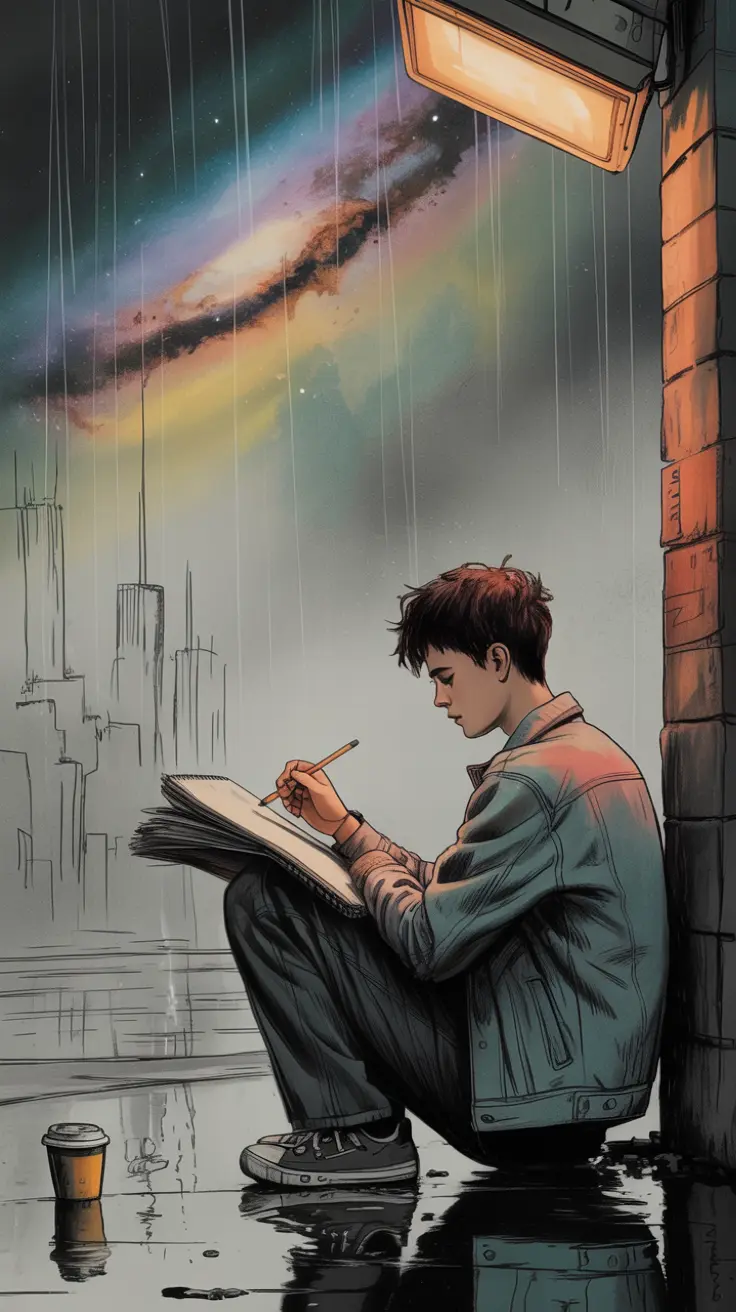 Urban cityscape with reflections on wet pavement and surreal cosmic clouds