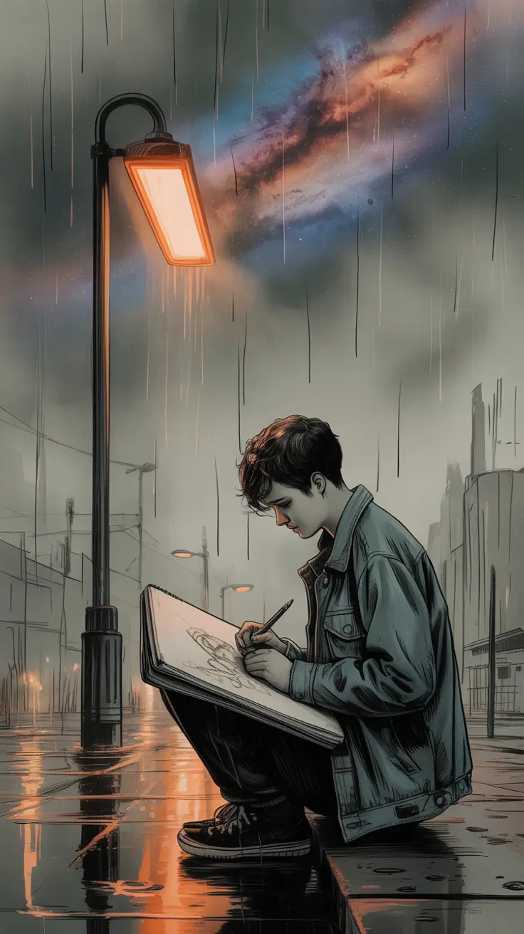 Artist in denim jacket drawing in notebook beneath storm and nebula sky&#34;