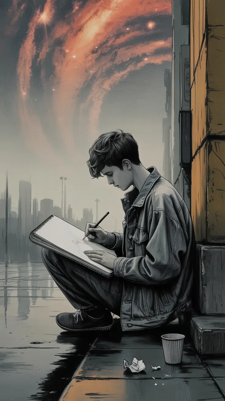 &#34;Streetlamp casting warm light on rainy sidewalk with imaginative night sky&#34;