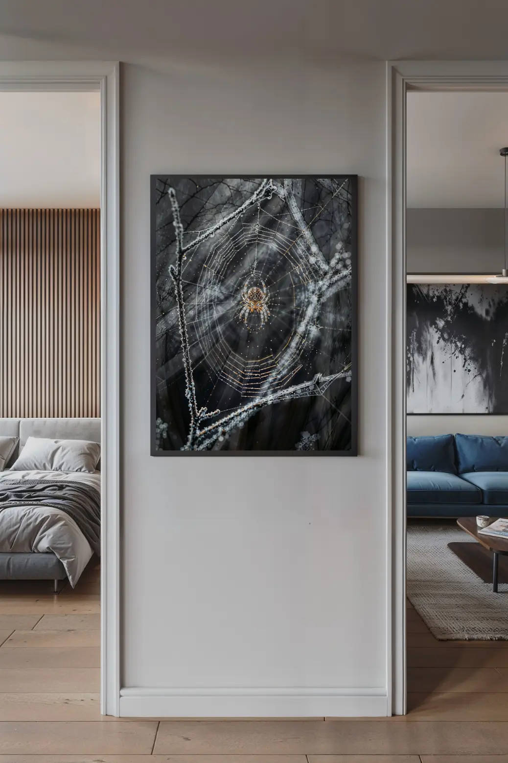 Frosted spider web digital wall art glowing against dark background  