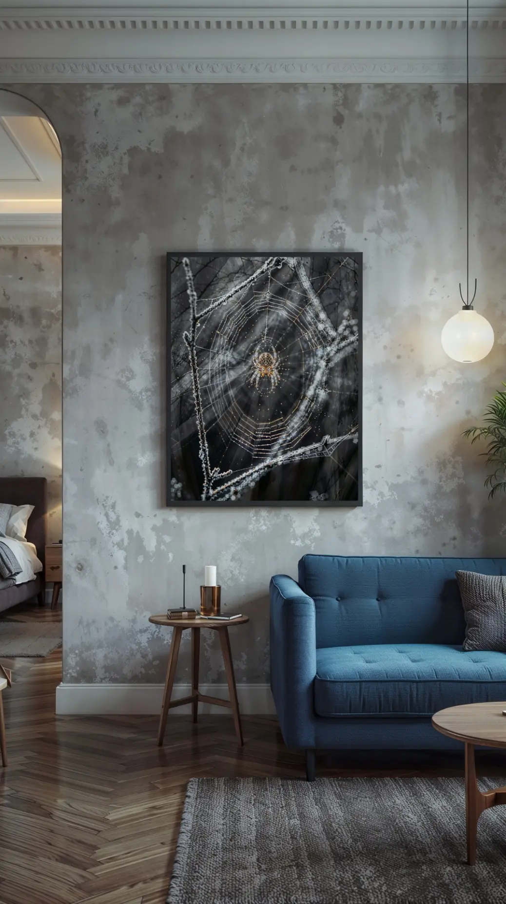 Printable digital wall art of frosted spider web, 300 DPI PNG 