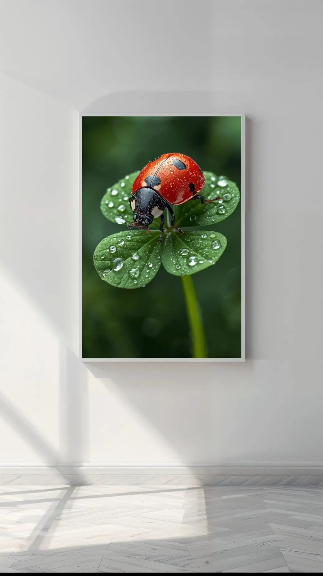 Botanical macro photography artwork – ladybug perched on clover leaf, high-resolution printable wall decor.  