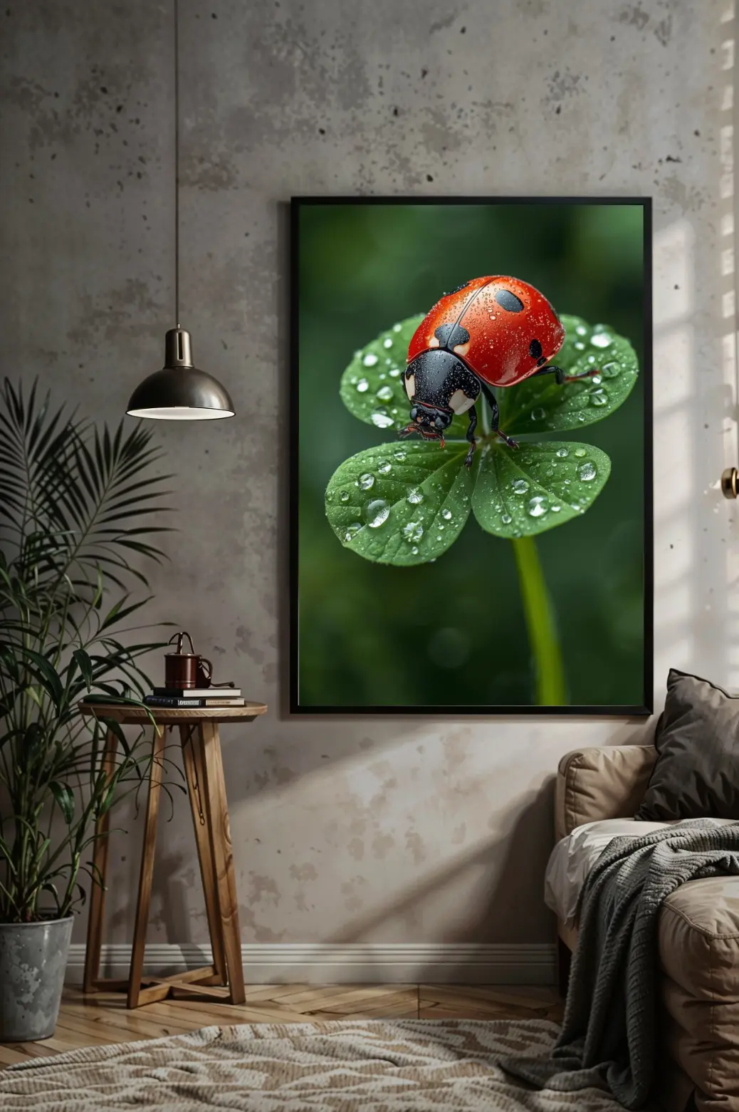 Close-up of a red ladybug on a green clover leaf with water droplets – macro photography digital wall art for eco-inspired home decor.  