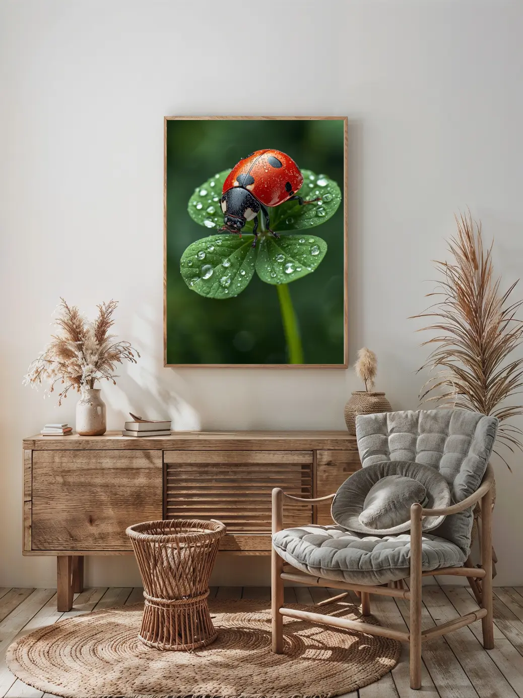 Ladybug macro photography print – vibrant red insect on fresh green clover leaf, perfect for modern minimalist wall art.  