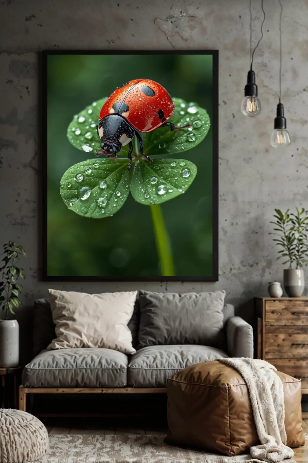 Nature-inspired digital wall art featuring a ladybug on clover leaf with dew drops, available as instant PNG download.  