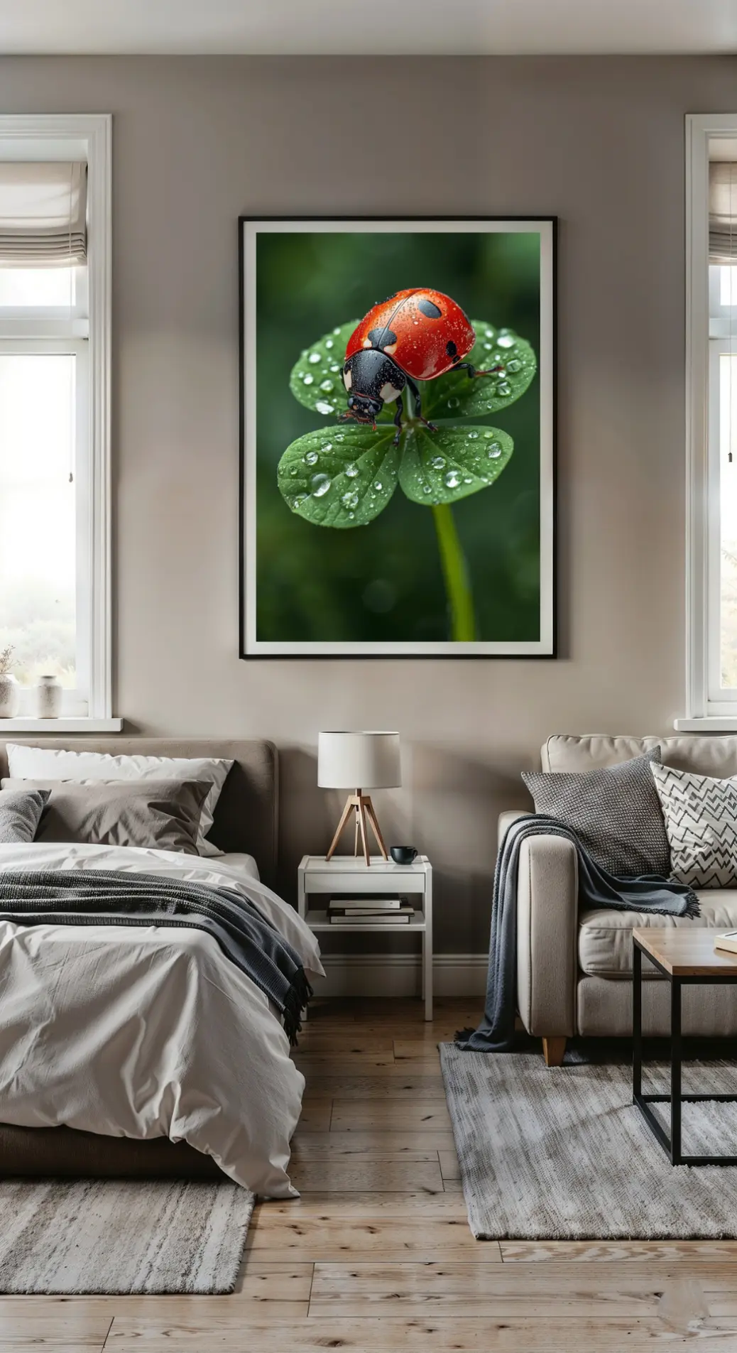 Eco-inspired digital wall art print – detailed ladybug on clover leaf, 2:3 ratio, 300 DPI, multiple sizes included.  