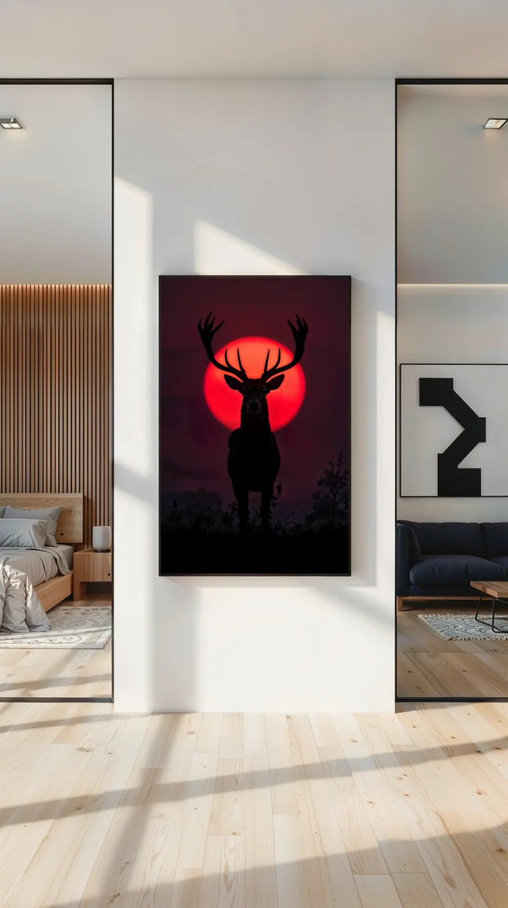 Printable wildlife wall art featuring a deer with antlers in front of a vivid red sun, high-resolution PNG digital download.  