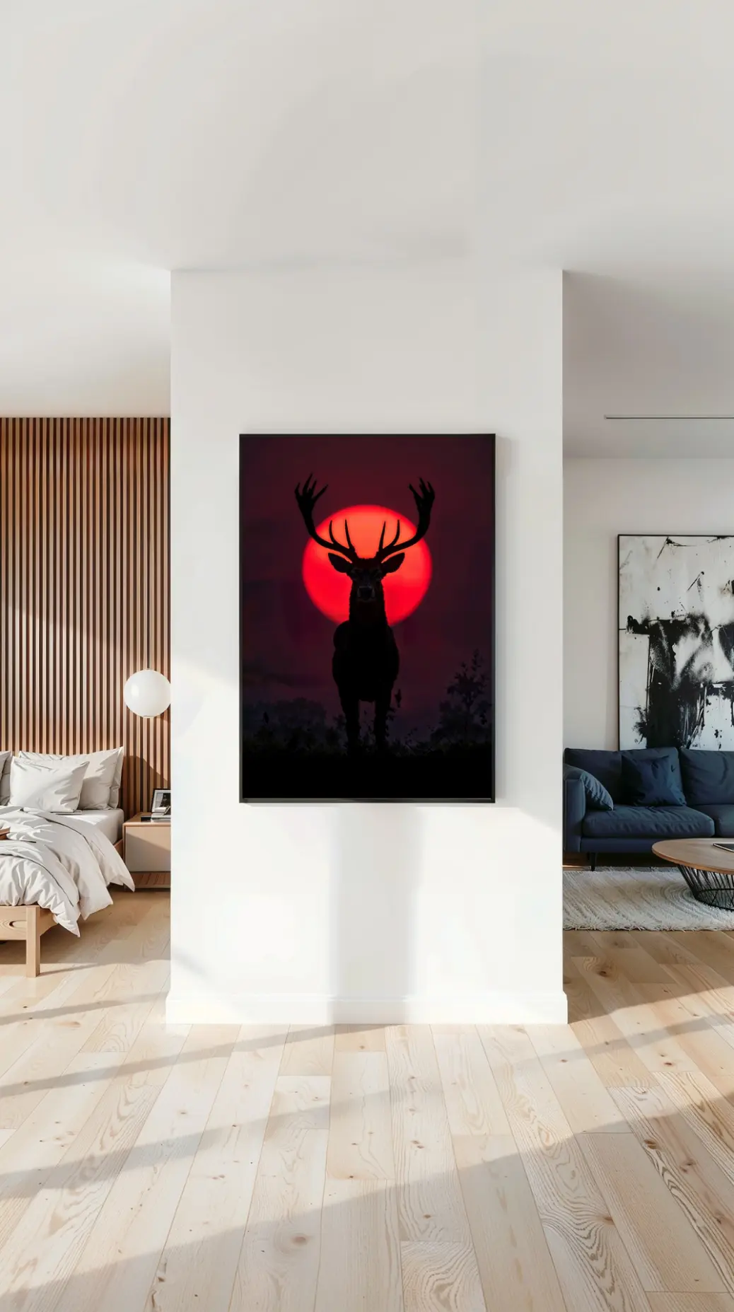 Majestic deer silhouette against a glowing red sunset digital wall art, perfect for rustic and nature-inspired home décor.  