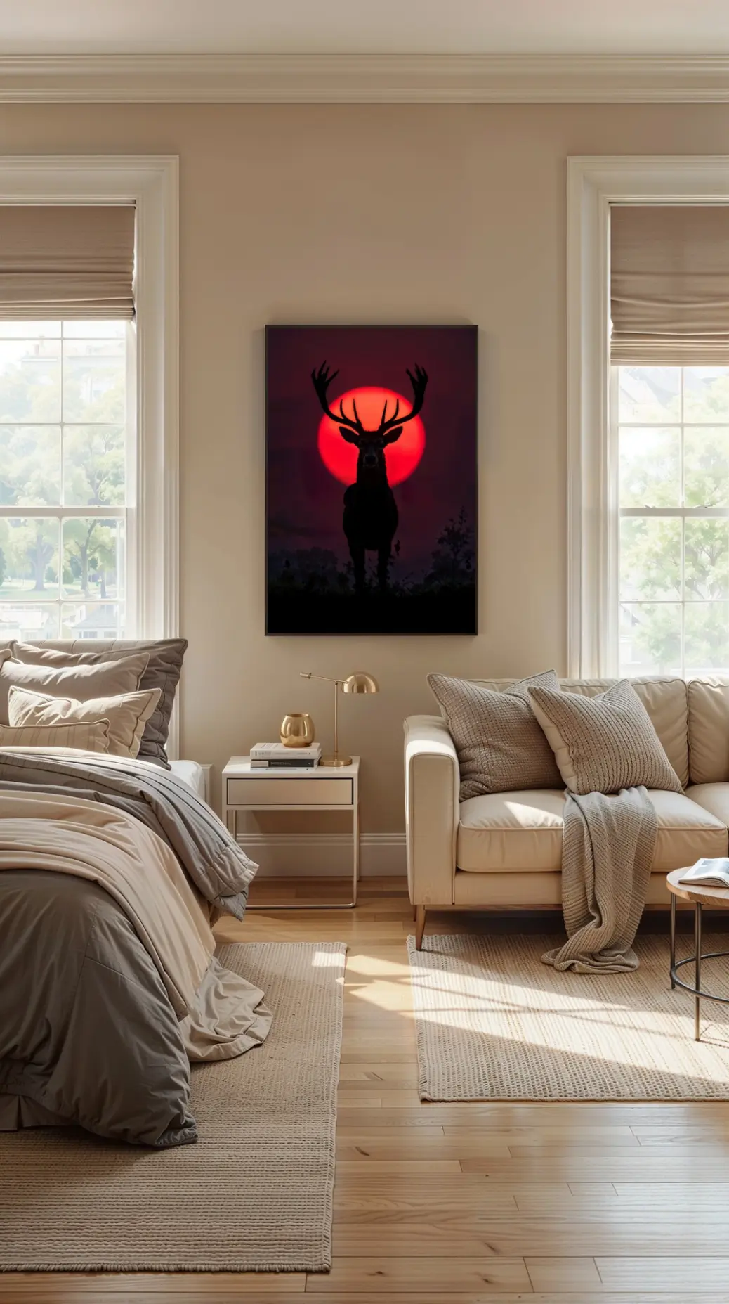 Nature-inspired digital artwork of a deer silhouette at sunset, ideal for modern, rustic, or cabin-style home decoration.  