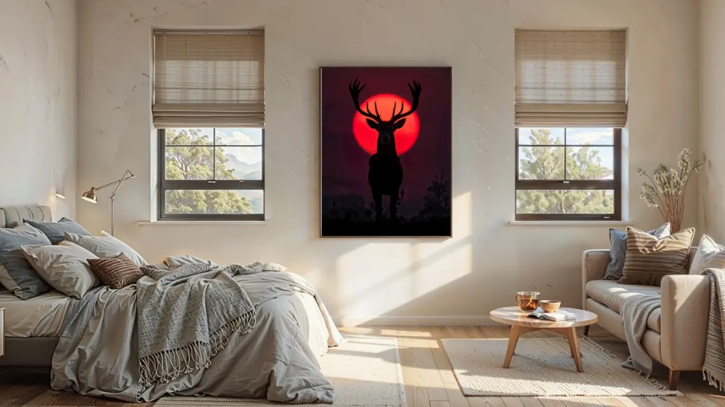 Wildlife-inspired digital wall art featuring a majestic deer at sunset, perfect for living room, office, or bedroom décor.  